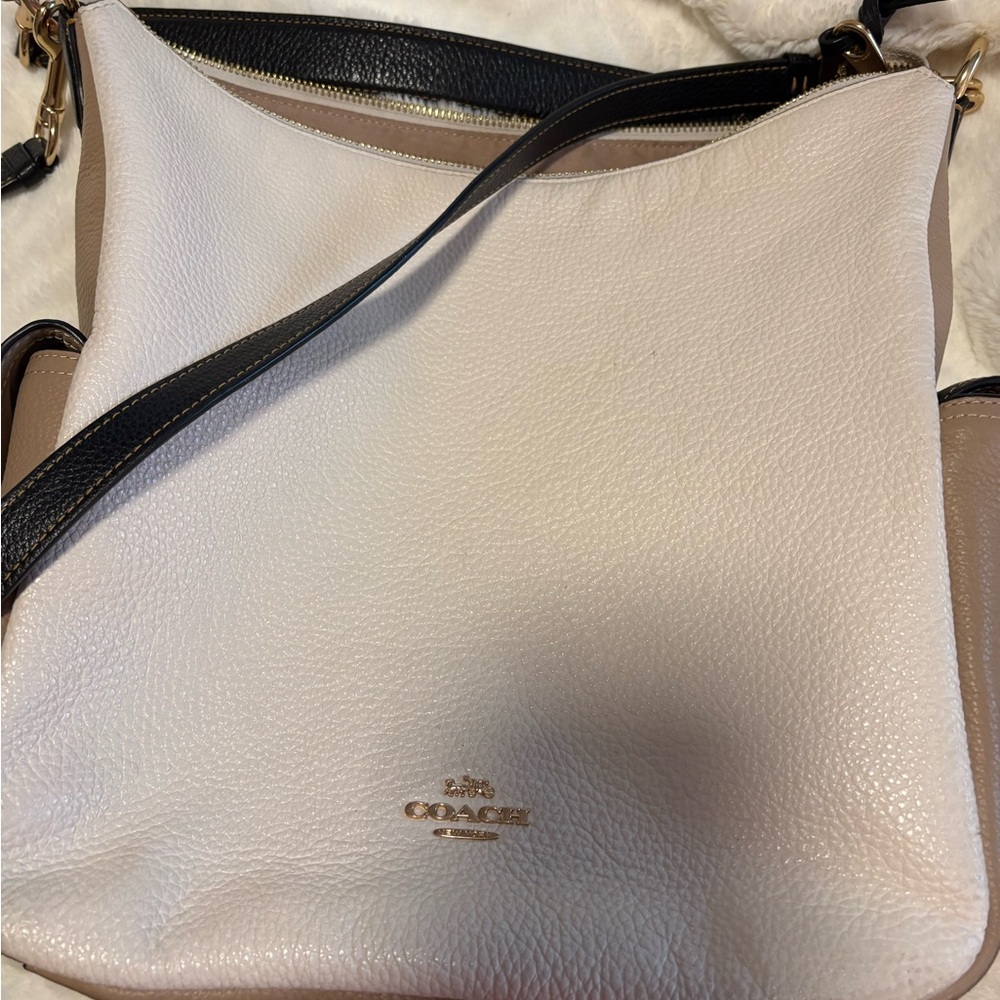Coach Cream and Brown Shoulder Bag with Pebbled Leather